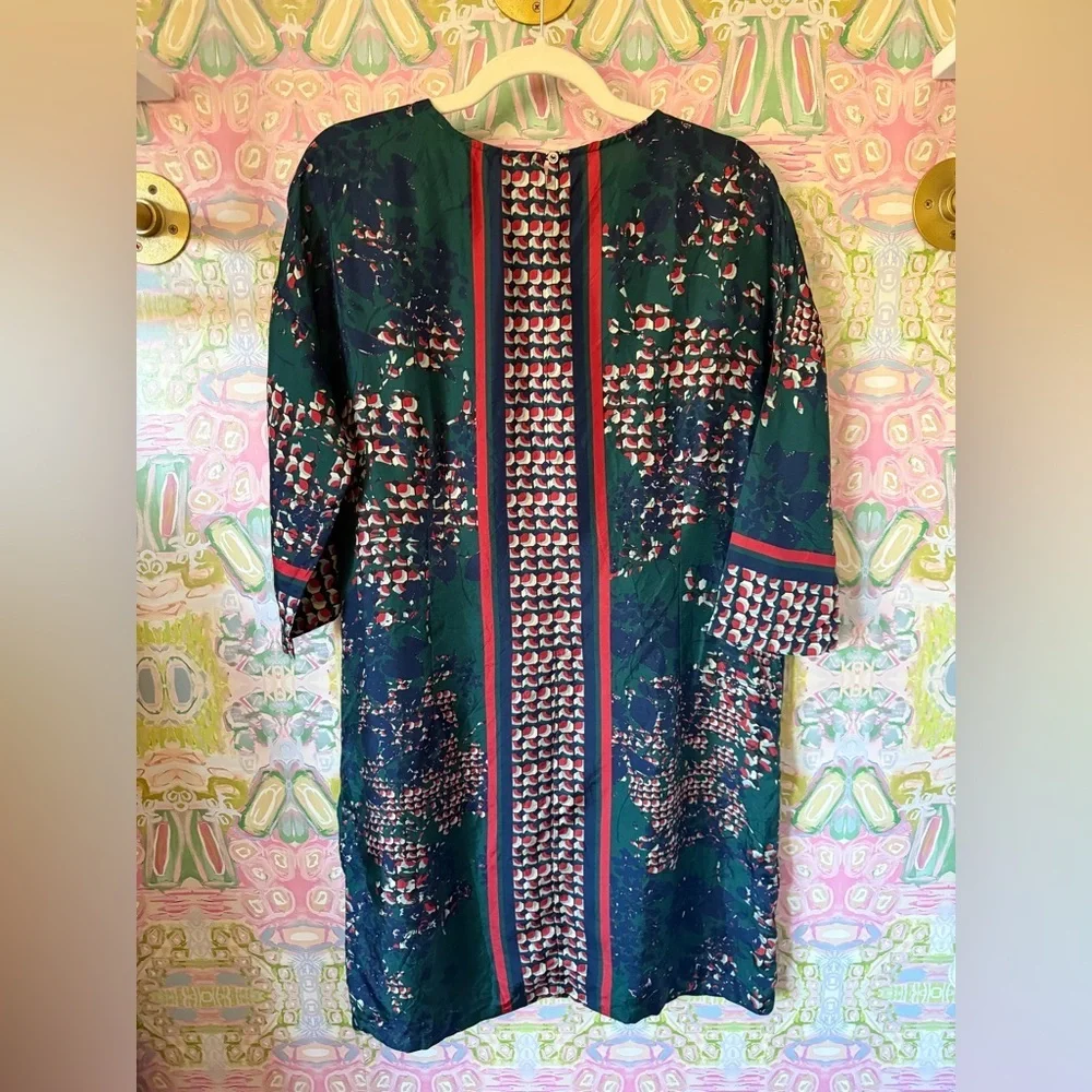 Vilagallo Green red Print silk long sleeve midi dress - Picture 5 of 5